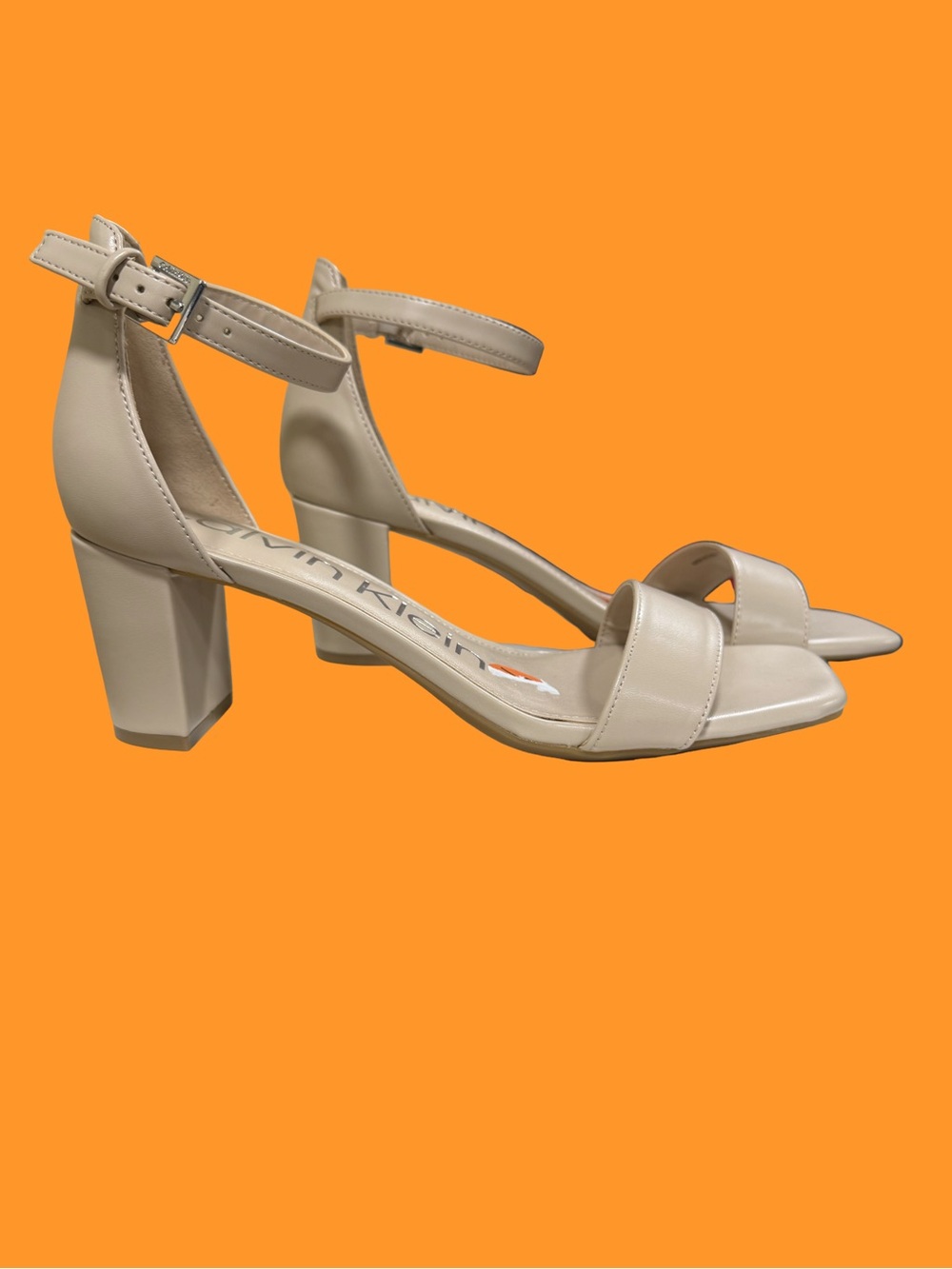 Calvin Klein Nude Beige Block Heel Ankle-Strap Sandals